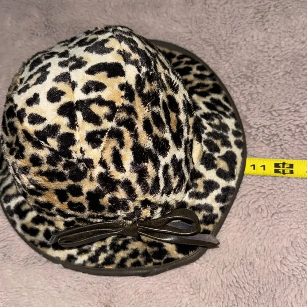 Faux Fur Leopard Print Bucket Hat with Brown Leather